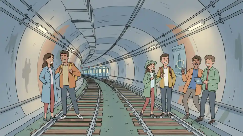 CTA Blue Line subway tunnel with tracks and emergency lighting between downtown stations