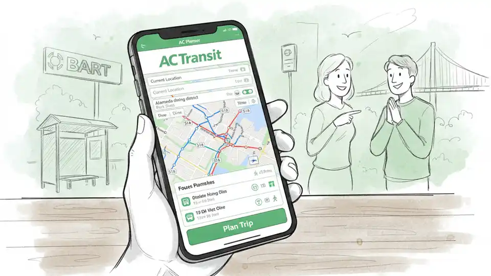 AC Transit trip planner interface on smartphone screen showing routes to Alameda dining district