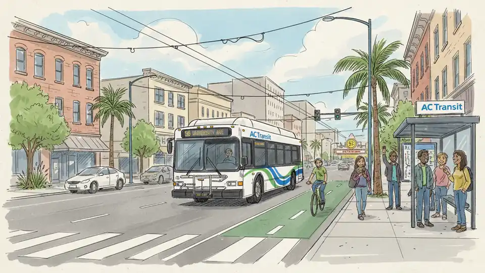 East Bay street scene showing AC Transit bus route with urban landscape and transit infrastructure