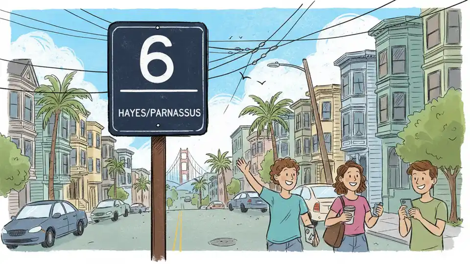 Muni bus route sign showing route 6 Hayes/Parnassus with San Francisco street scene in background