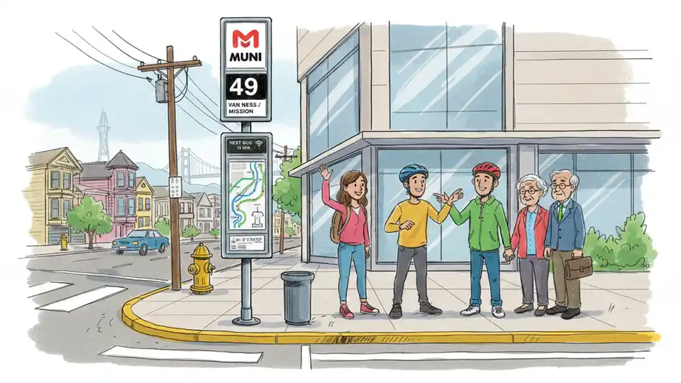 Muni bus stop sign with route number on San Francisco street corner