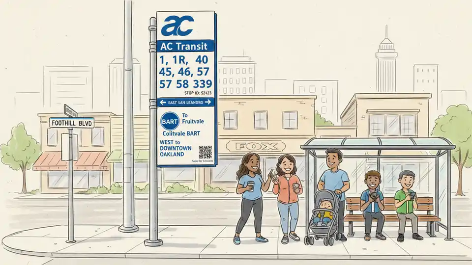 Bus stop sign for AC Transit on Foothill Boulevard with BART station connection information