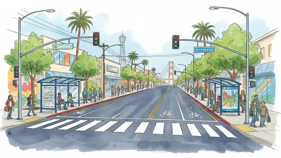 El Camino Real street view showing bus stops, bike lanes, and pedestrian crossings with transit infrastructure