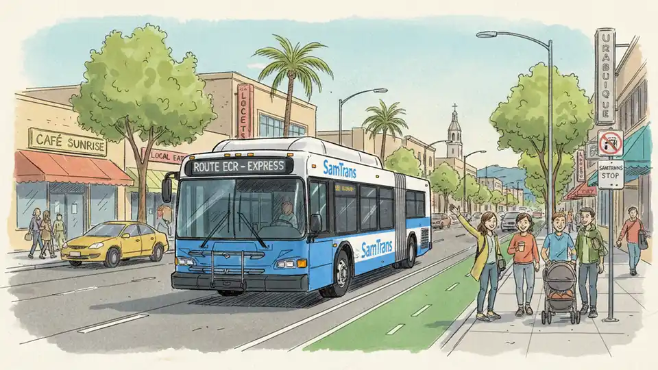 SamTrans bus traveling along El Camino Real corridor with mixed-use development and pedestrians visible