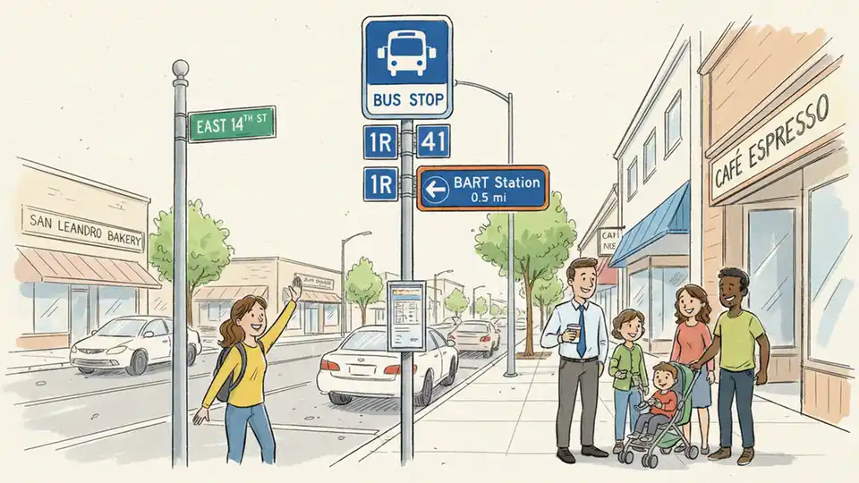 Bus stop sign on East 14th Street in San Leandro with BART station directional signage