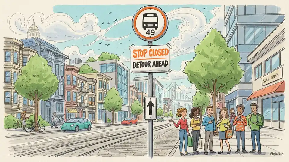 Bus stop sign with closed or detour notice, urban street setting with waiting passengers in distance