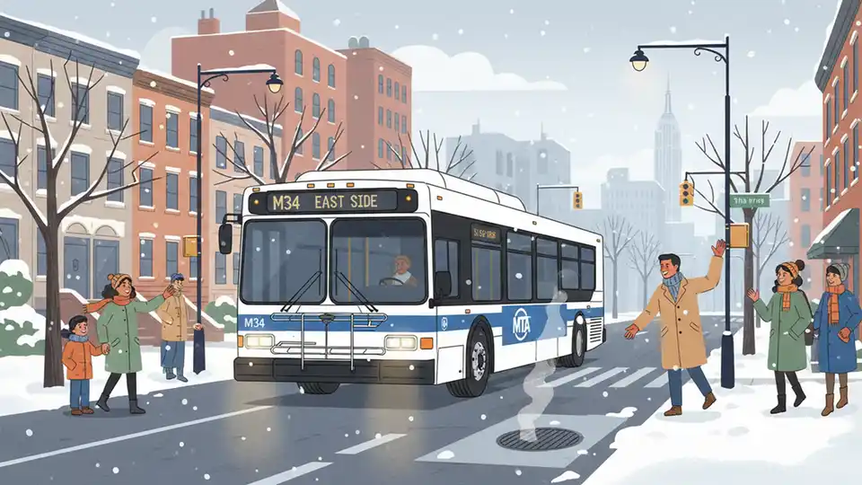 MTA bus navigating city street with winter weather conditions visible