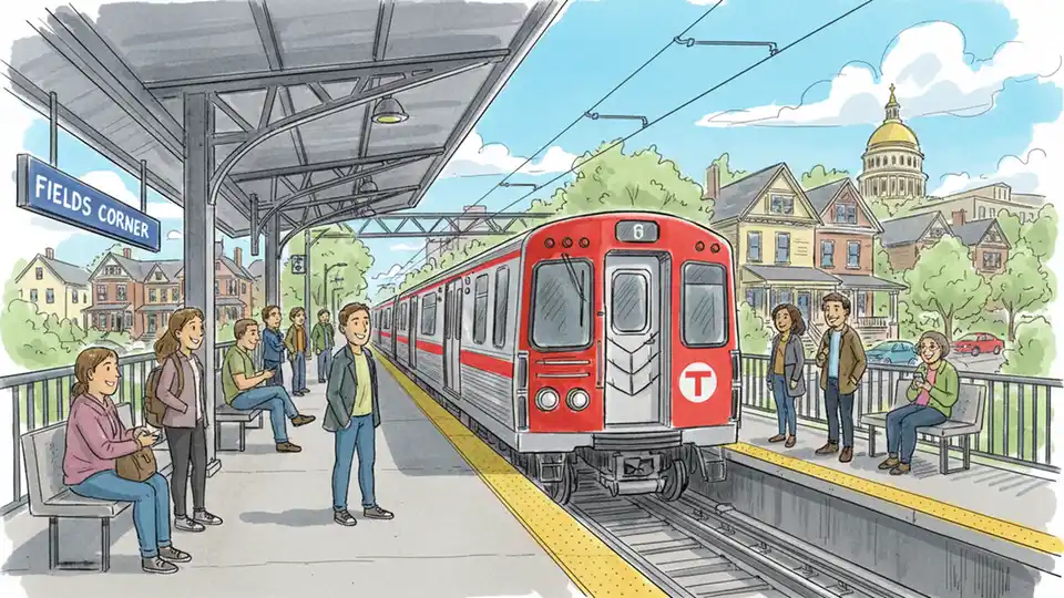 Red Line subway train at Fields Corner station platform with passengers waiting