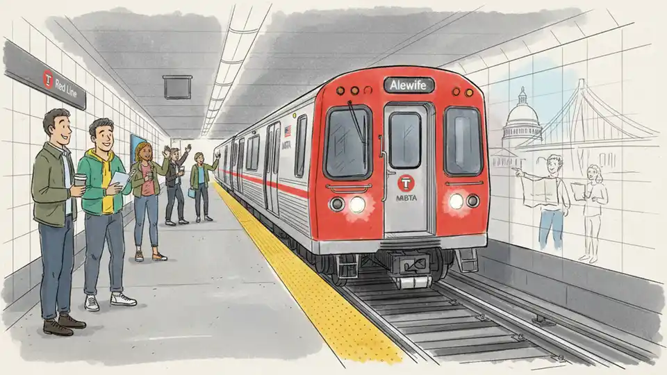 Red Line subway train departing station with normal service operations