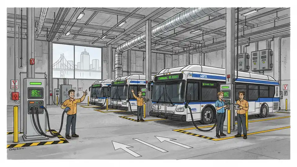 Electric bus charging station inside transit maintenance facility, showing charging equipment and infrastructure with buses connected to charging ports