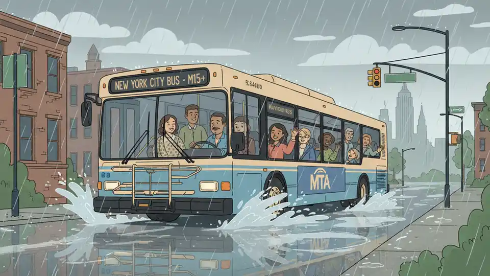 New York City bus navigating through flooded street with water splashing around tires during heavy rain