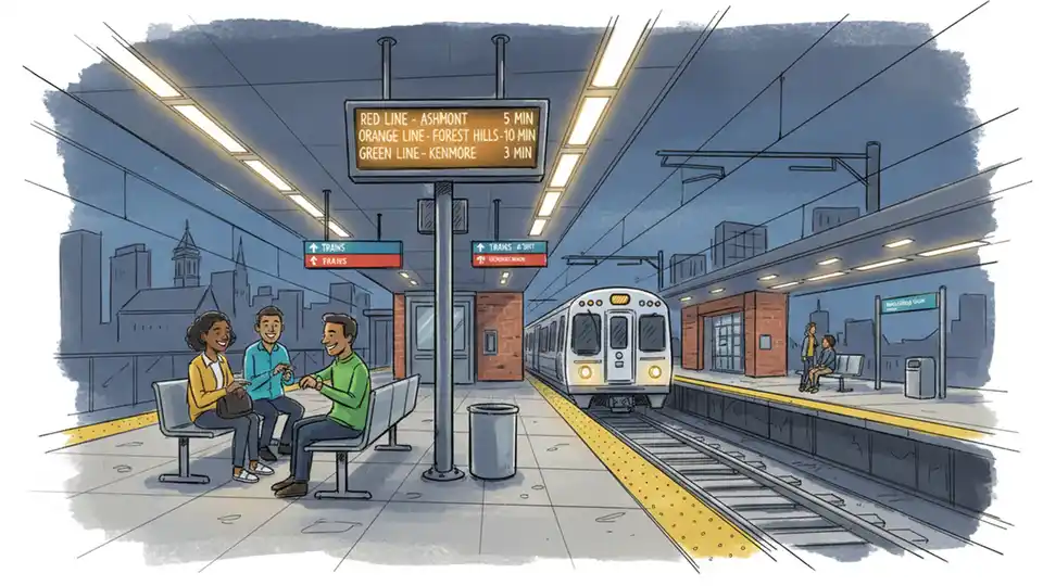 Transit station platform during evening hours with schedule display board