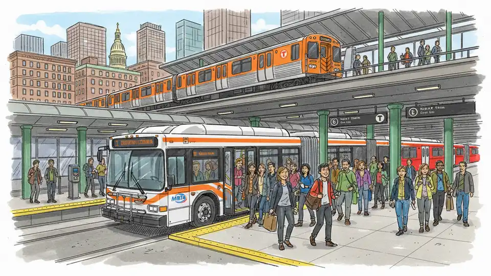 MBTA bus and subway train at downtown Boston transit hub with passengers boarding, showing typical weekday service operations