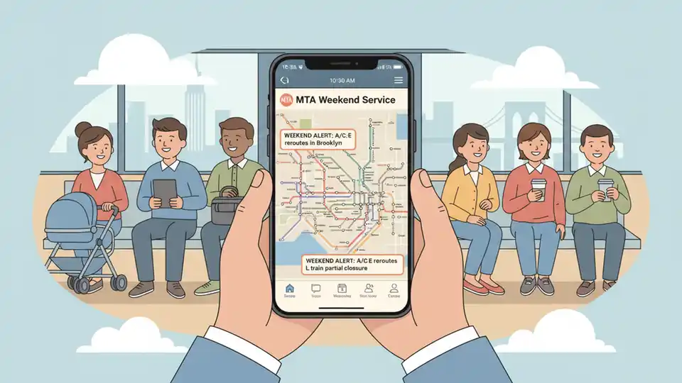MTA weekend service map displayed on smartphone screen with subway lines visible