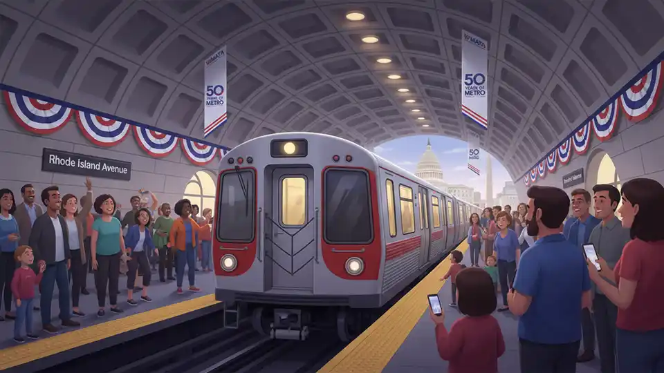 Historic Washington Metro Red Line train at Rhode Island Avenue station with anniversary banners and crowds of riders celebrating the 50th anniversary