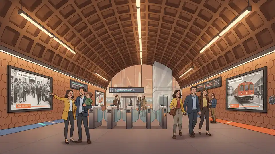 Metro Center station interior showing vintage 1976 design elements alongside modern upgrades, with anniversary displays and historical photos from opening day