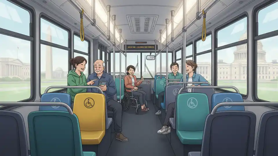 Interior of metro bus showing seats and handrails with focus on cleanliness and maintenance standards