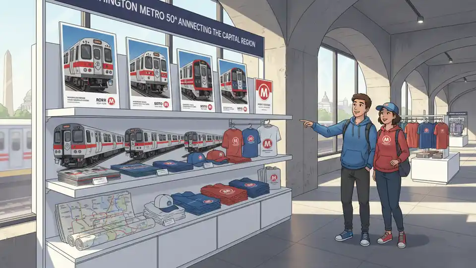 Display of Metro 50th anniversary commemorative merchandise including posters of eight train series, Metro maps, and limited-edition apparel on retail shelves
