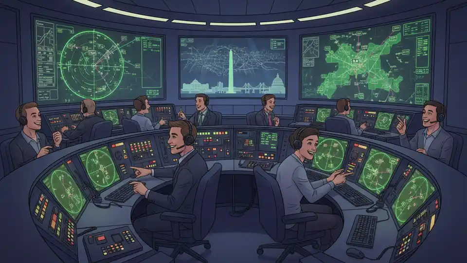 Interior of air traffic control facility showing radar screens and control equipment with controllers at work stations