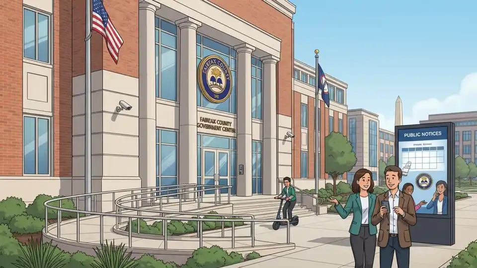 County government building entrance with official signage and public information board