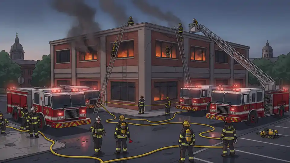 Annapolis Fire Department crews working at commercial building fire scene with emergency equipment