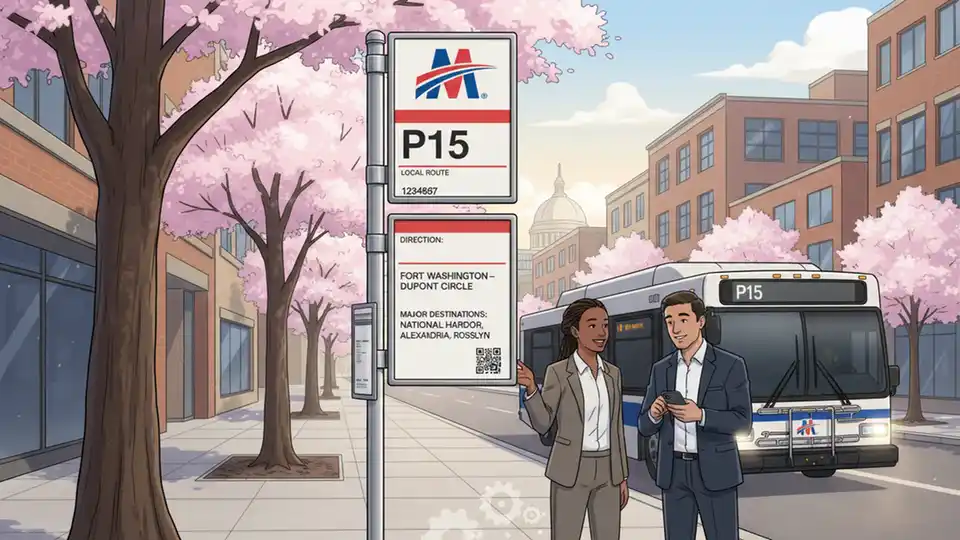 Metro bus stop sign displaying route P15 information with stop number identification visible