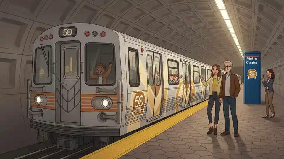 Historic Metro train at station platform with 50th anniversary branding and signage visible