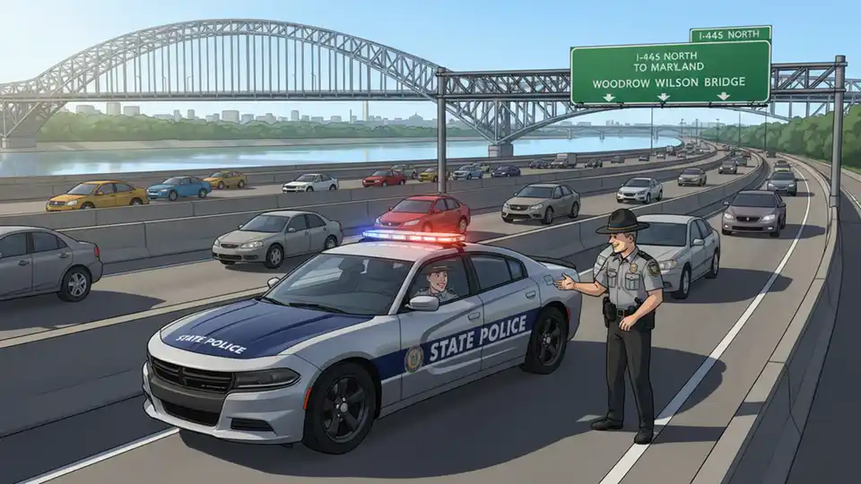 Virginia State Police cruiser on Interstate 495 Beltway during traffic enforcement operation near Woodrow Wilson Bridge area