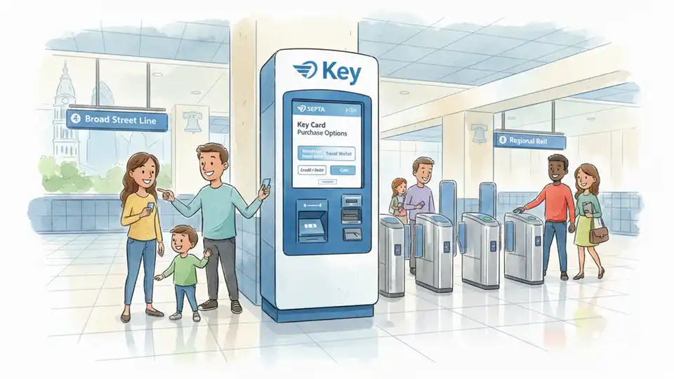 SEPTA fare kiosk at transit station with touchscreen display showing Key card purchase options