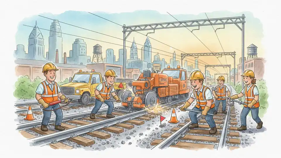 Railroad maintenance crew working on train tracks with equipment, showing emergency track repair operations