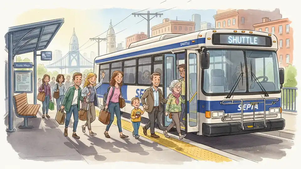 Shuttle bus at SEPTA station platform with passengers boarding