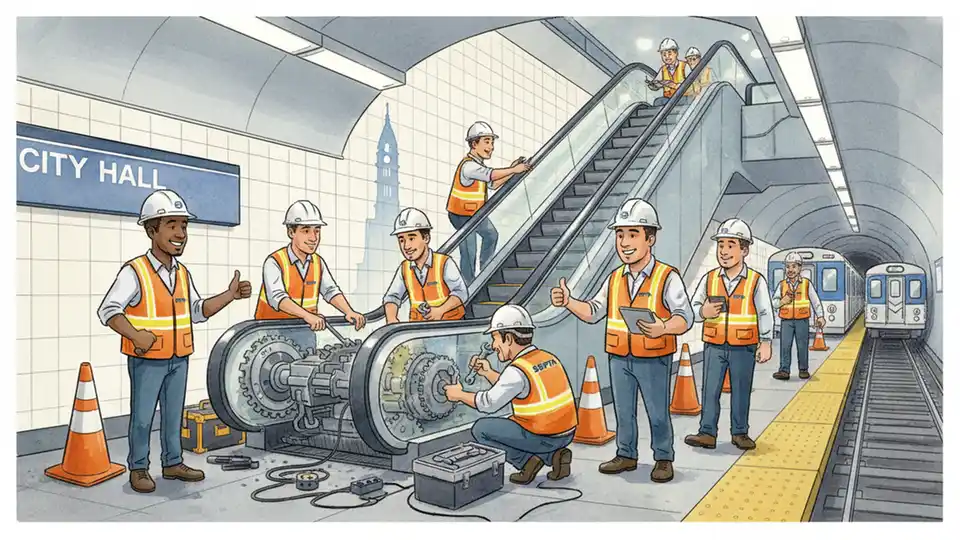 Transit maintenance crew working on mechanical equipment at subway station platform