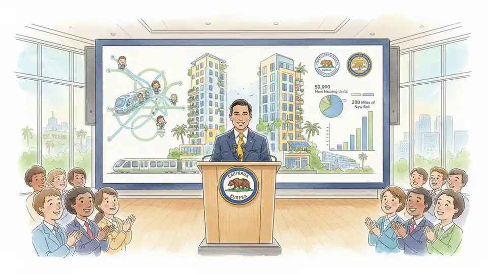 California Governor speaking at podium with transit and housing development graphics displayed on screen behind