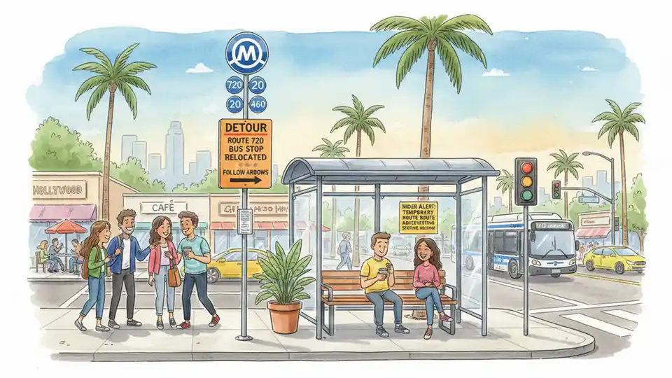 Bus stop with detour signage and rider alert posted