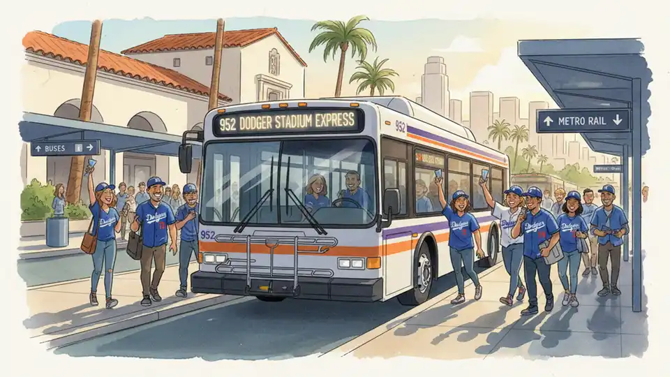 Los Angeles Metro bus at Union Station with Dodger Stadium shuttle signage, passengers boarding with game tickets