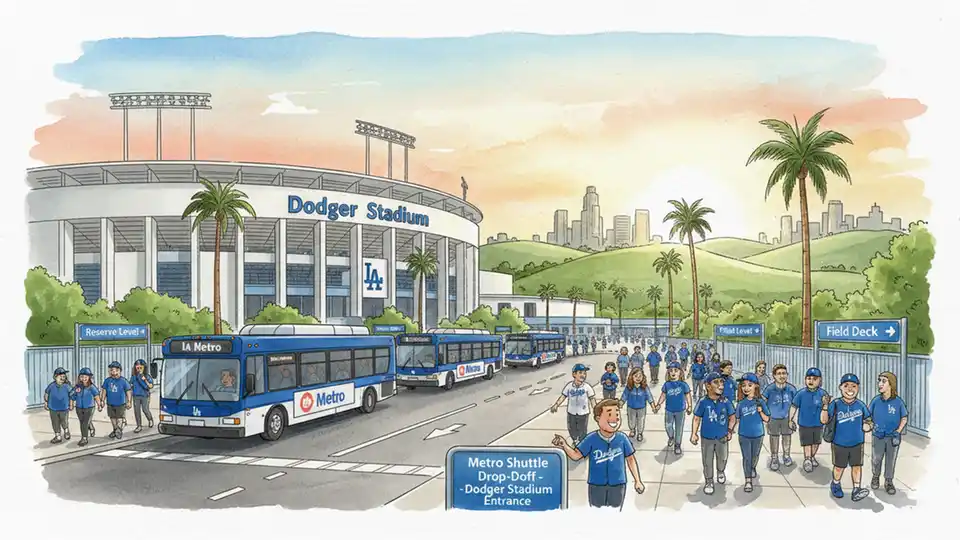 Dodger Stadium exterior with Metro shuttle bus drop-off area, fans walking toward entrance gates