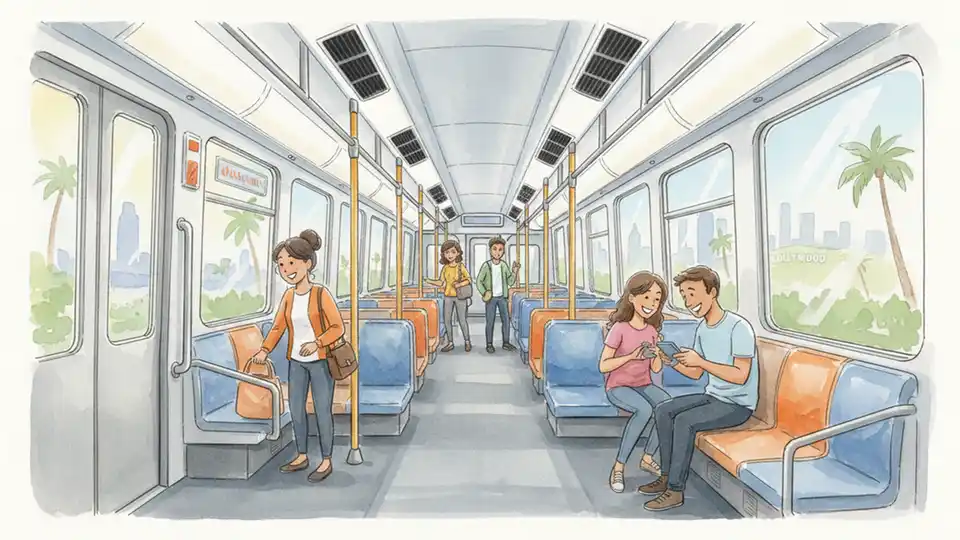 Interior of Metro light rail car showing ceiling-mounted air conditioning vents and passenger seating area