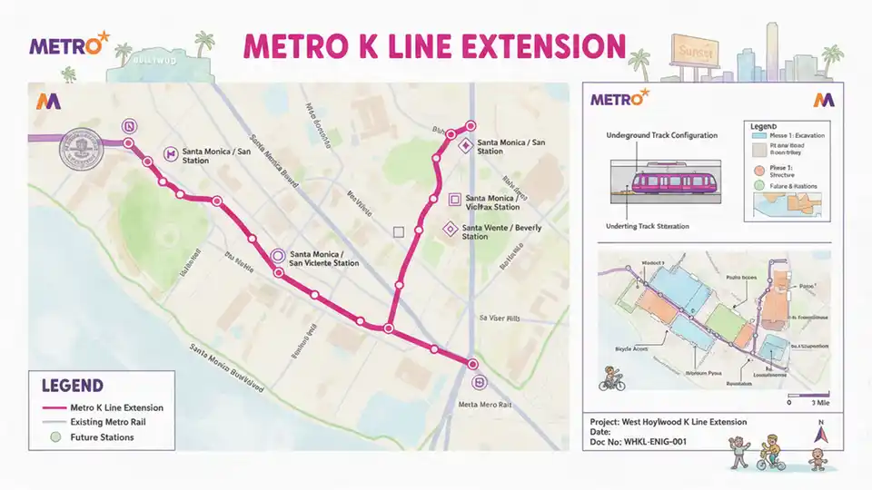 Construction planning documents and maps showing Los Angeles Metro K Line extension route through West Hollywood with station locations marked