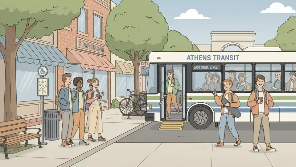 Athens Public Transit bus on East State Street route with passengers boarding