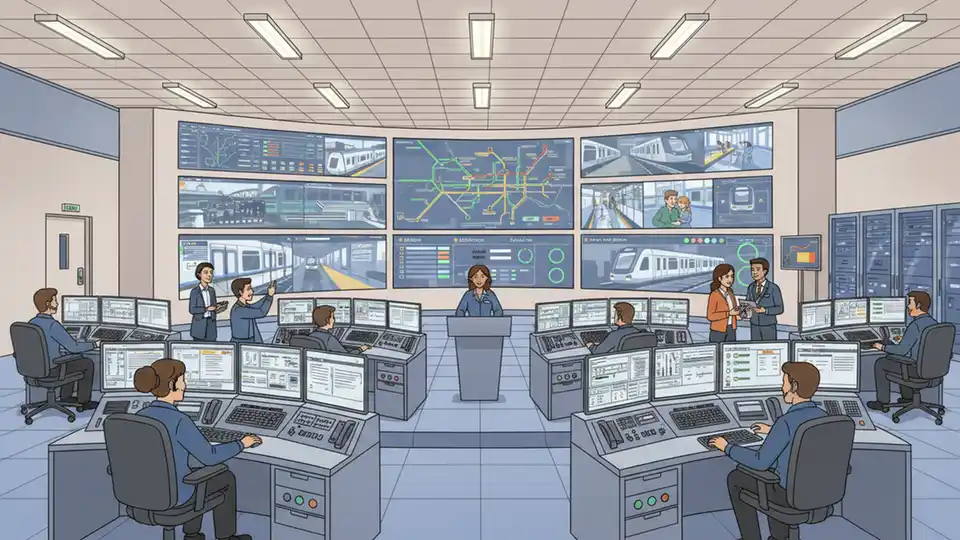 Metro control center with safety monitoring systems and transit operations staff