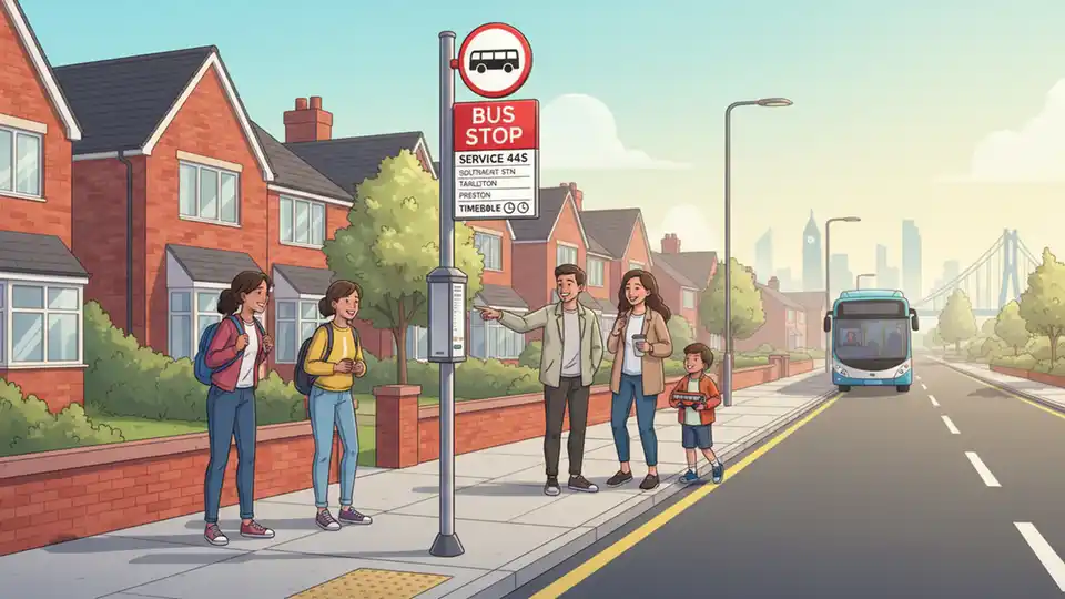 Bus stop sign on Scarisbrick New Road with route information display showing Service 44s