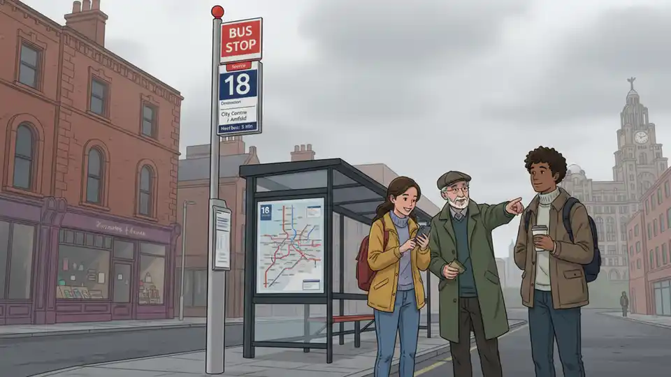 Bus stop sign for Service 18 with passengers waiting at Liverpool transit stop