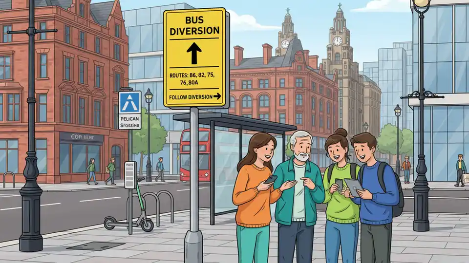 Bus route diversion sign at Liverpool transit stop with city buildings in background