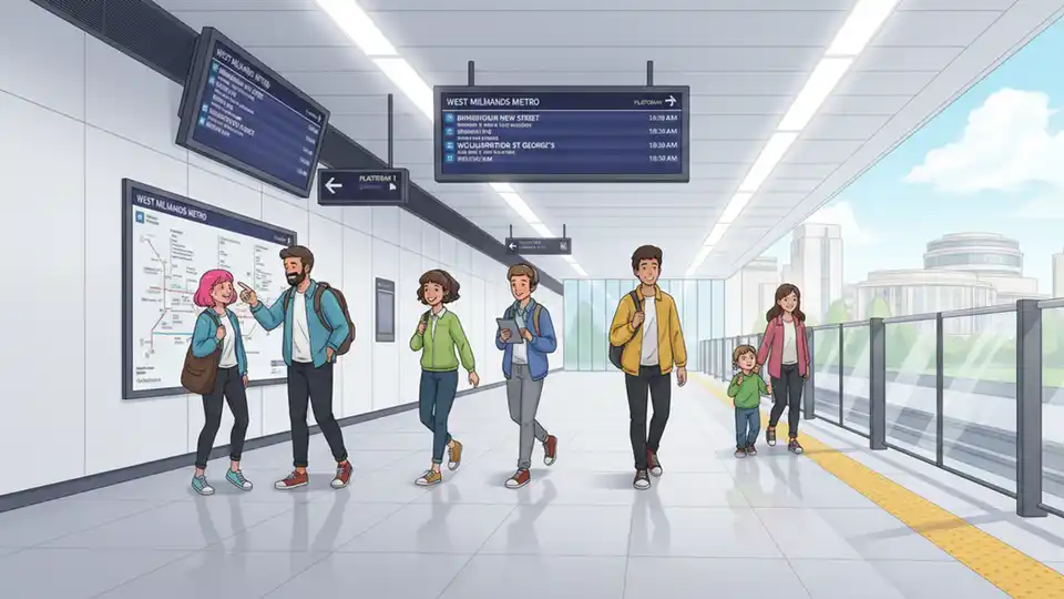 Transit station platform with modern lighting and wayfinding signage, showing typical pre-opening infrastructure