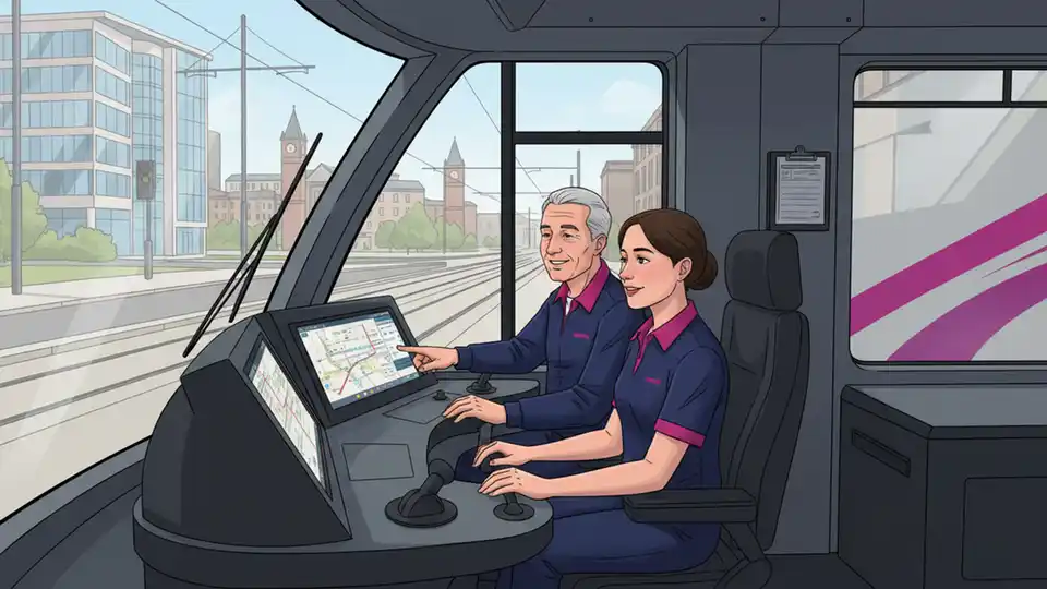 West Midlands Metro tram operator in cab during route familiarisation training session
