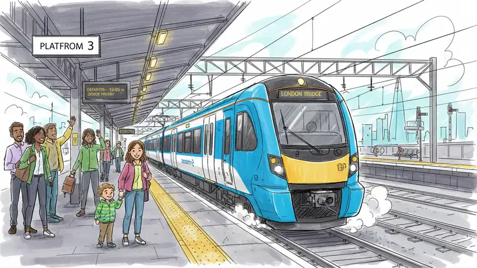 Train departing from a station platform in the London and South East rail network