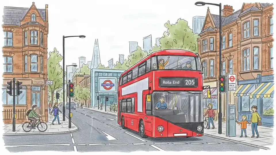 London bus on Burdett Road with Mile End station area in background