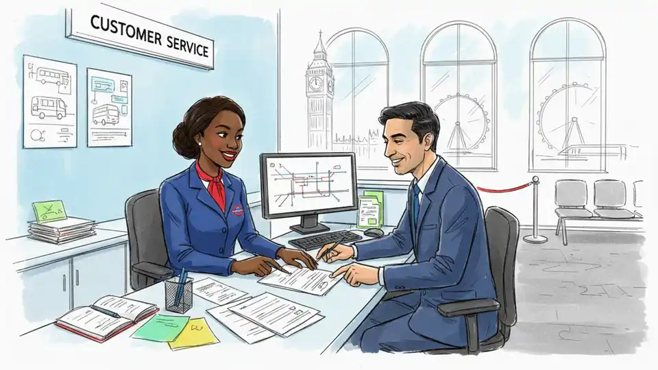 Customer service representative at transit agency office assisting rider with penalty appeal paperwork