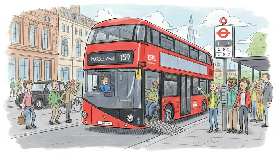 TfL bus with wheelchair ramp deployed at London bus stop