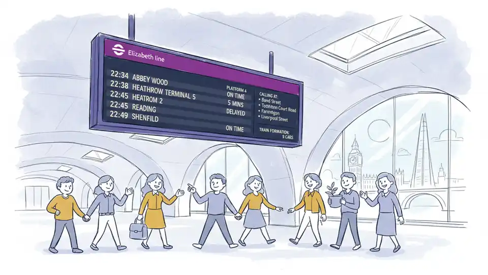Elizabeth line station information board displaying train destinations and departure times